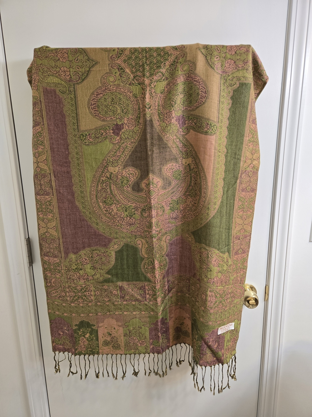 Pashmina Silk Blend Olive Green and Mauve Paisley Fringe Shawl